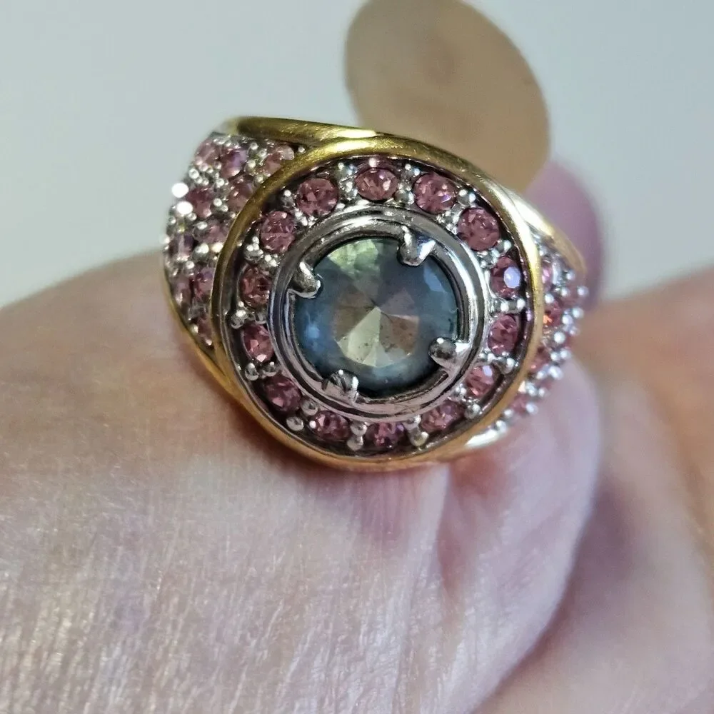 Gold tone pink and blue rhinestone ring Size 8.75